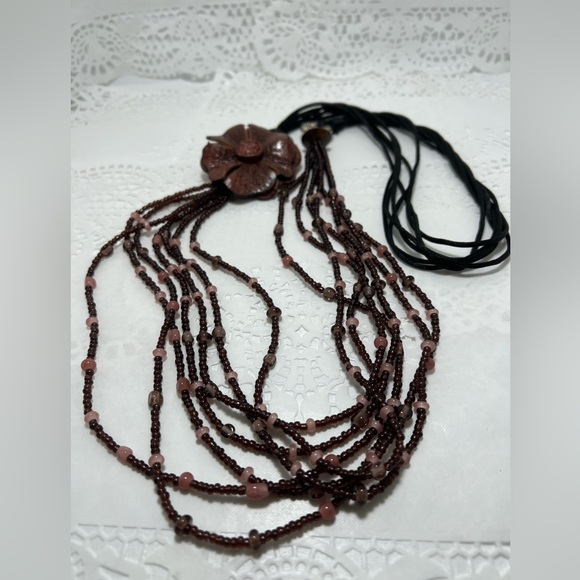 Leather Floral Pendant Multi-Stand Necklace - Picture 2 of 5